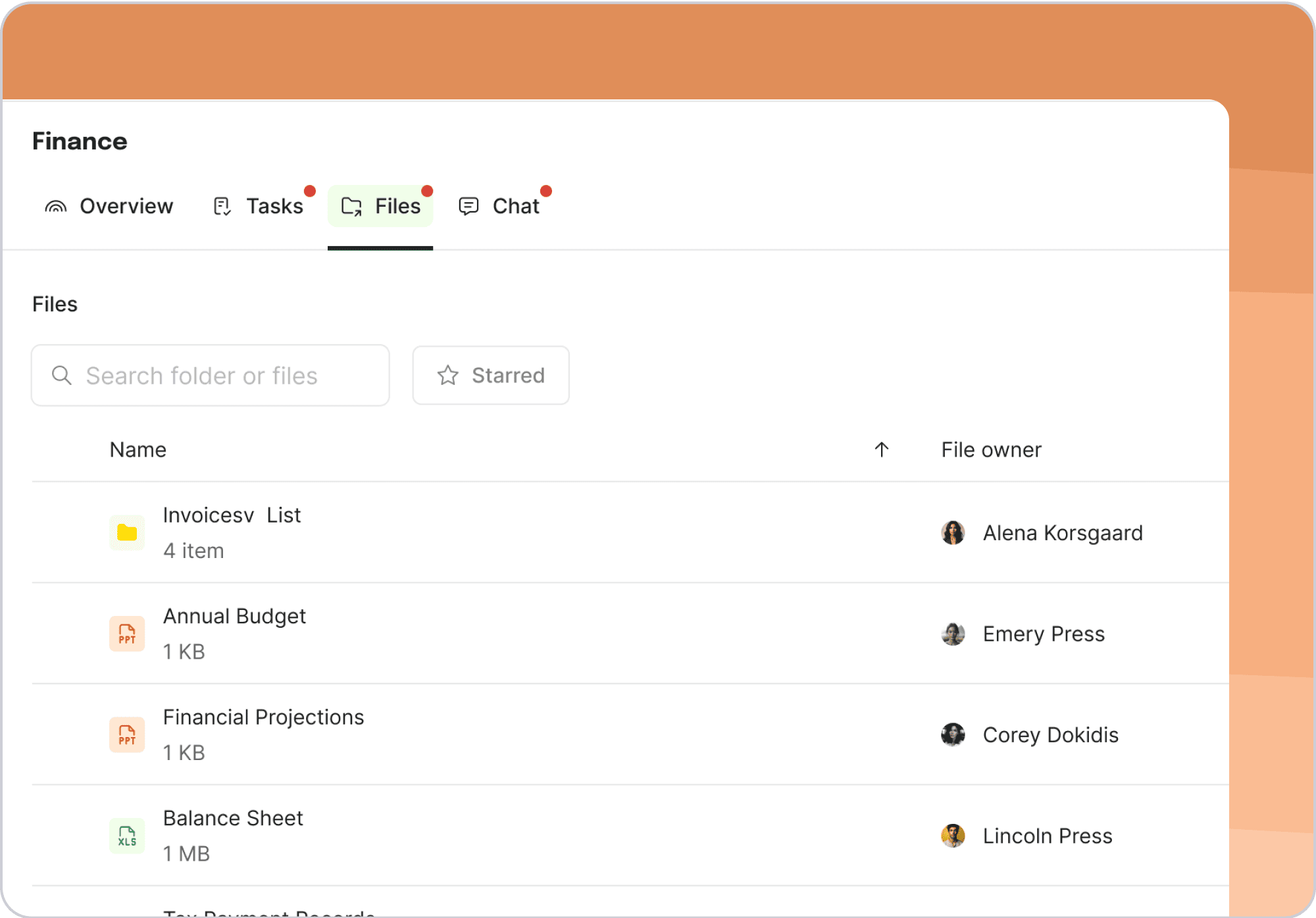 UI file management for finance store their data
