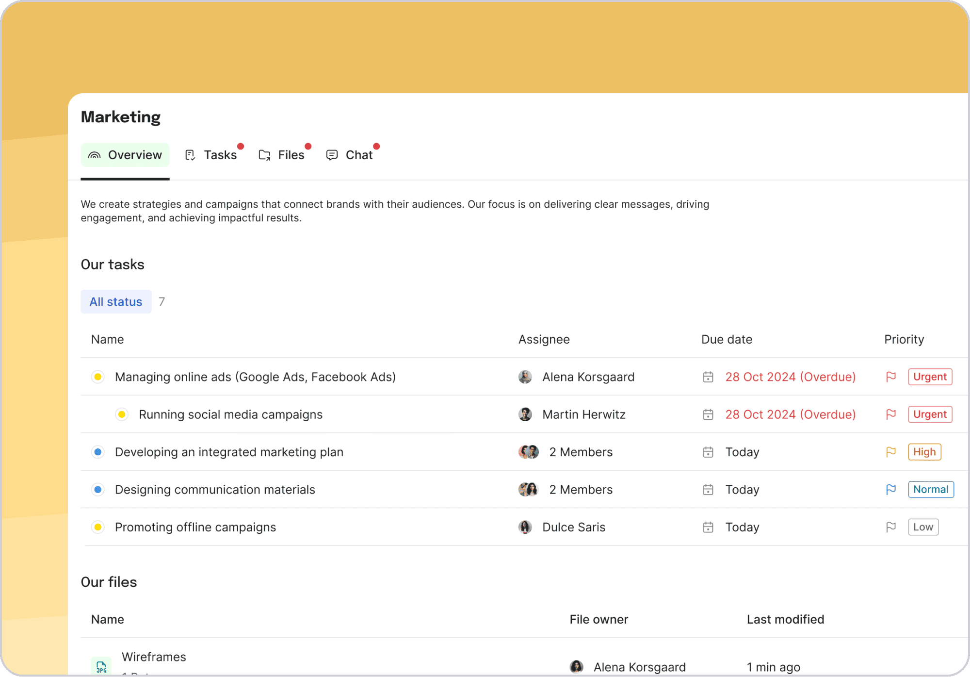 UI overview task for marketing